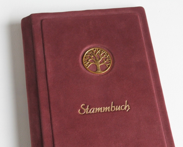 Stammbuch "Goldene Lebensbaum" aus weinrotem Nubukleder